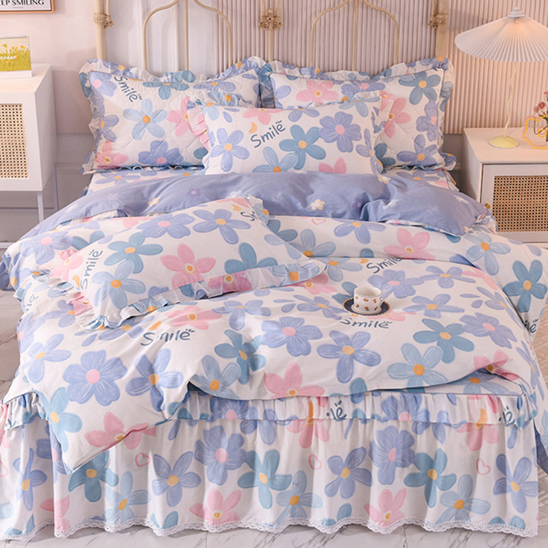 全棉夹棉床裙四件套花边防滑花卉简约风单双人床套S1.8m纯棉床罩