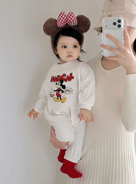 ins风婴儿加绒连体衣秋冬新款米奇哈衣新生儿宝宝衣服加厚爬爬服