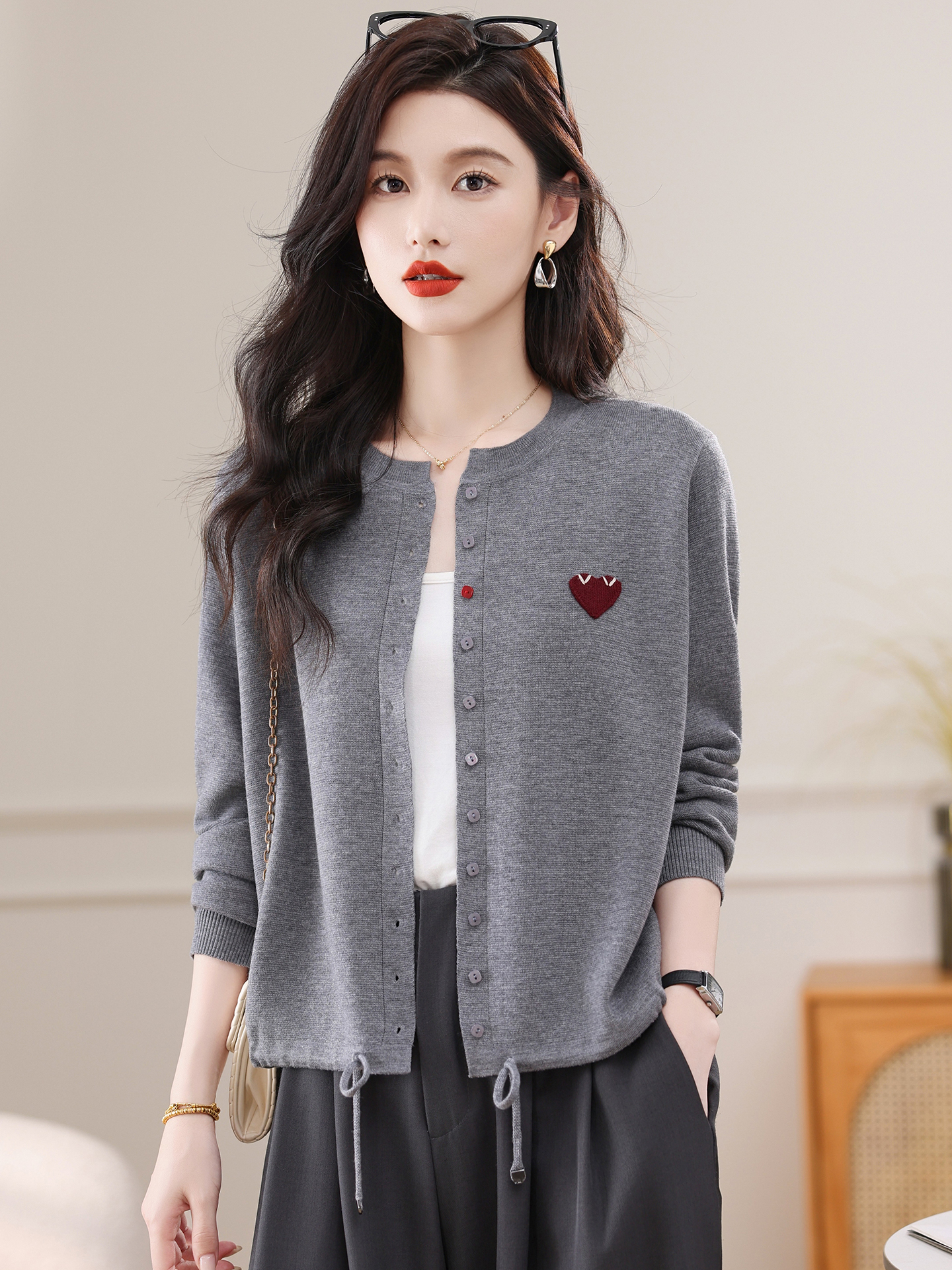 2025新款春秋宽松长袖针织开衫外套女高级感气质薄款灰色毛衣外搭