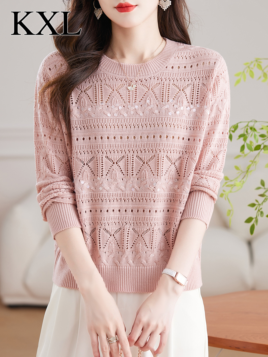 短款小个子薄款针织上衣女2025新款春秋超好看亮片镂空毛衣打底衫