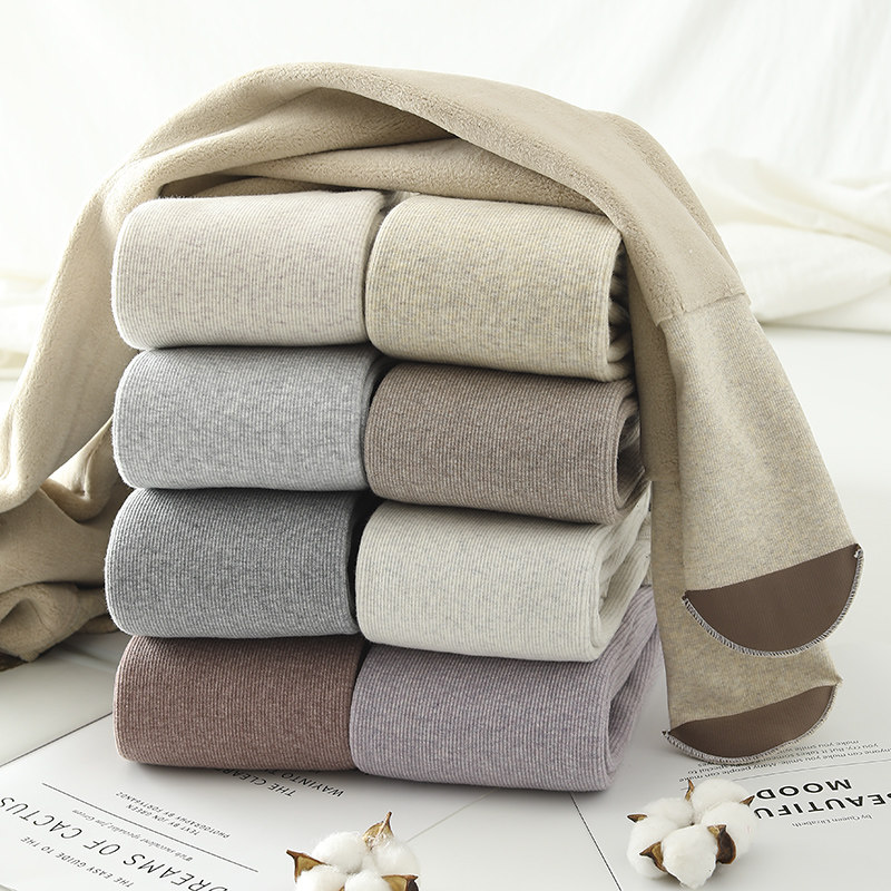 日系竖条纹打底裤女秋冬外穿加绒加厚麦色螺纹羊胎绒连裤袜踩脚裤