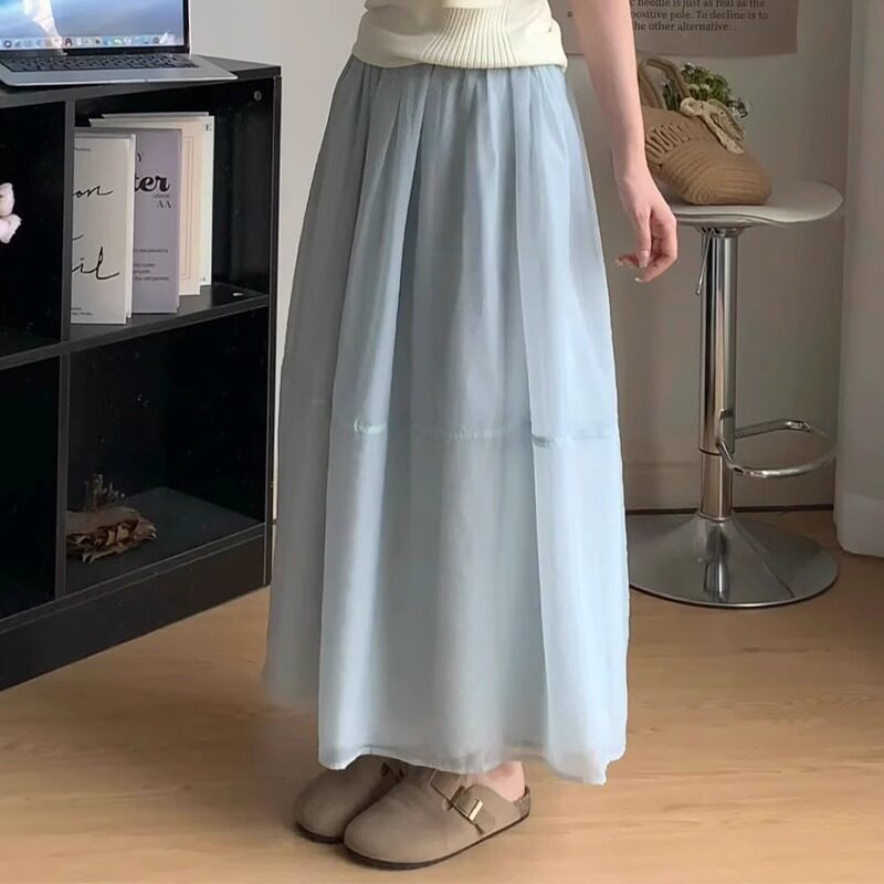 蓝色雪纺蓬蓬裙女胖妹妹mm遮胯显瘦梨型身材拼接a字半身裙