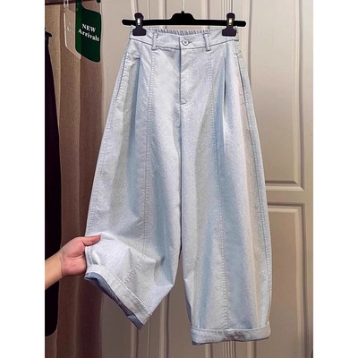 老钱风松紧腰弯刀牛仔裤女夏季薄款宽松显瘦小个子九分气球裤