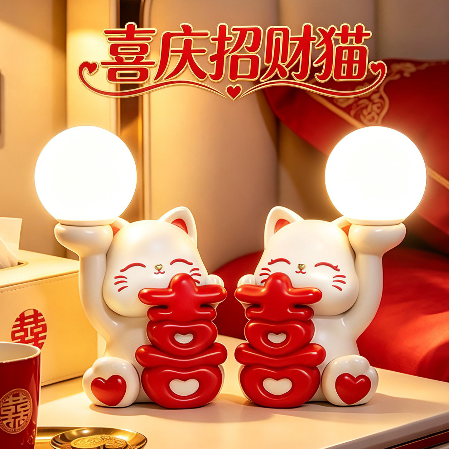 招财猫结婚礼物长明灯一对送闺蜜新娘新婚礼物好寓意卧室床头灯