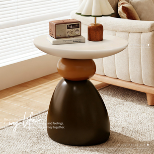 石头边几客厅沙发侧边小茶几窄柜边柜中古风艺术高级小圆桌置物架