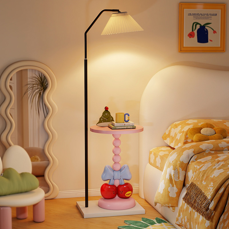 创意樱桃落地灯卧室床头柜灯一体置物架立式台灯奶油风装饰氛围灯