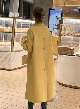 2025年秋冬新款双面羊毛大衣女长款大码韩版宽松显瘦黄色毛呢外套