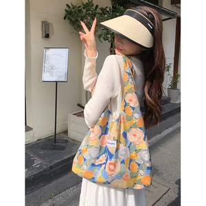原创夏季韩版ins复古油画花朵帆布袋仙女文艺百搭单肩手提背心包