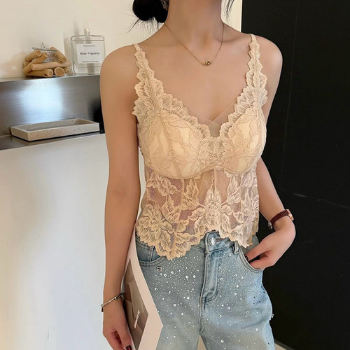 蕾丝网纱美背吊带带胸垫显瘦背心