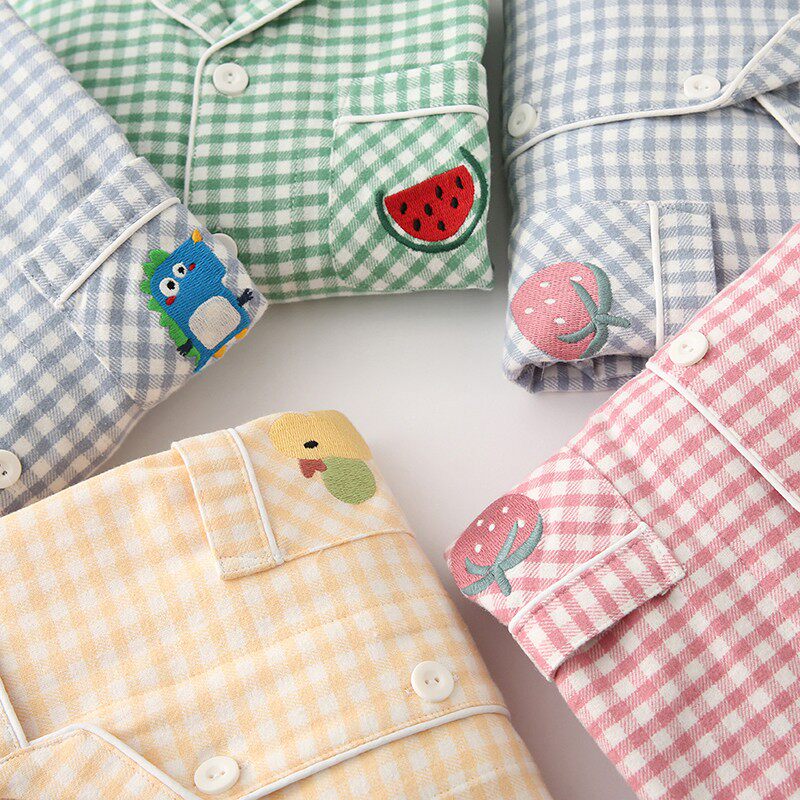 MIAO 秋冬纯棉色织双股磨毛绒布儿童长袖睡衣套装 格子男女中大童