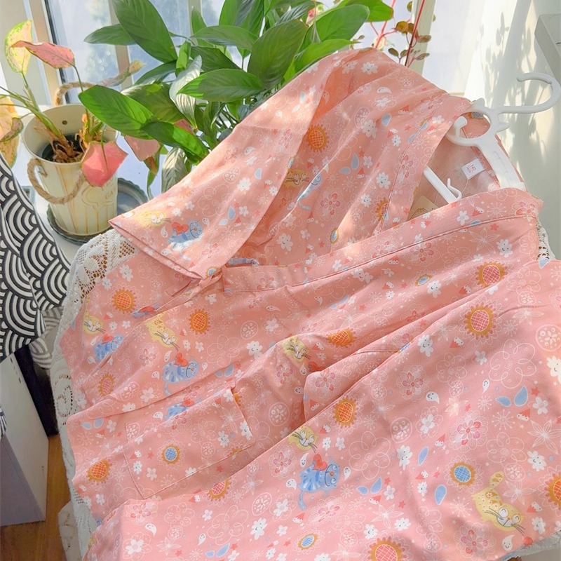 好柔软 Z夏季日漫风猫咪长袖和服睡衣套装儿童家居服纯棉双层纱布