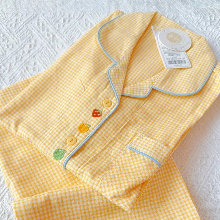 纯棉双层纱布| 眠岛春夏奶黄格子水果刺绣儿童长袖睡衣中大童女孩