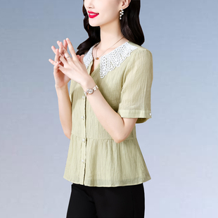 娃娃领上衣女夏装新款褶皱短袖衬衫女夏薄款轻奢高级感大码女装