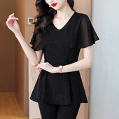 亮丝短袖 女装 雪纺衫 女夏装 胖MM宽松显瘦遮肉女上衣 时尚 中长款 大码
