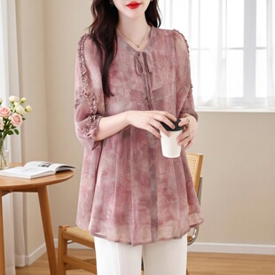 夏季雪纺衬衫女款2026别致很仙的上衣胖MM大码宽松显瘦遮肚子小衫