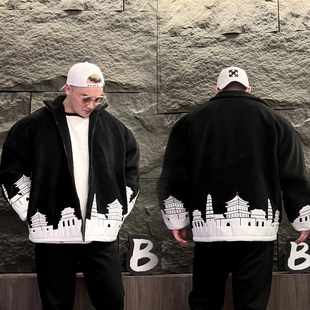 BXLT必须撸铁原创“国风古建筑”重磅刺绣羊羔绒外套