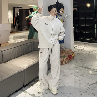 BXLT必须撸铁慵懒风重磅网格肌理感老钱风华夫格简约休闲春秋套装