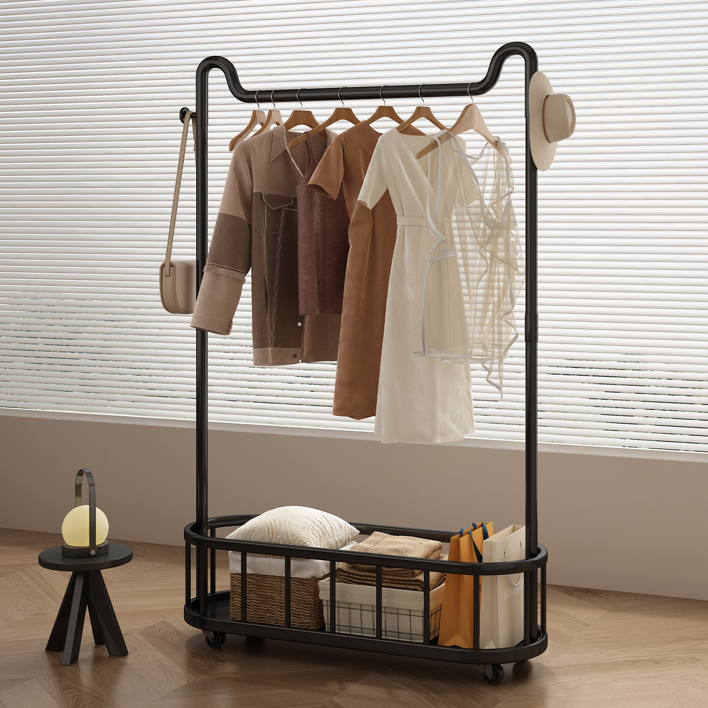 铁艺奶油风可移动衣帽架