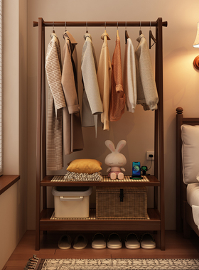 中古衣帽架卧室床边双层置物架挂衣架一体简约小型室内落地式衣架