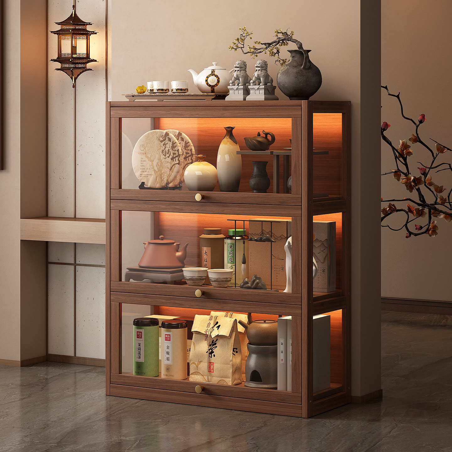 姿竹实木茶柜防尘博古架