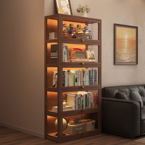 客厅家用实木书柜中式复古风玻璃展示柜书架多功能收纳柜一体靠墙