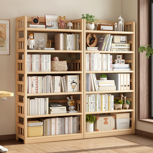 实木简易书架落地置物架一体靠墙书柜学生家用杂物收纳层架角落多