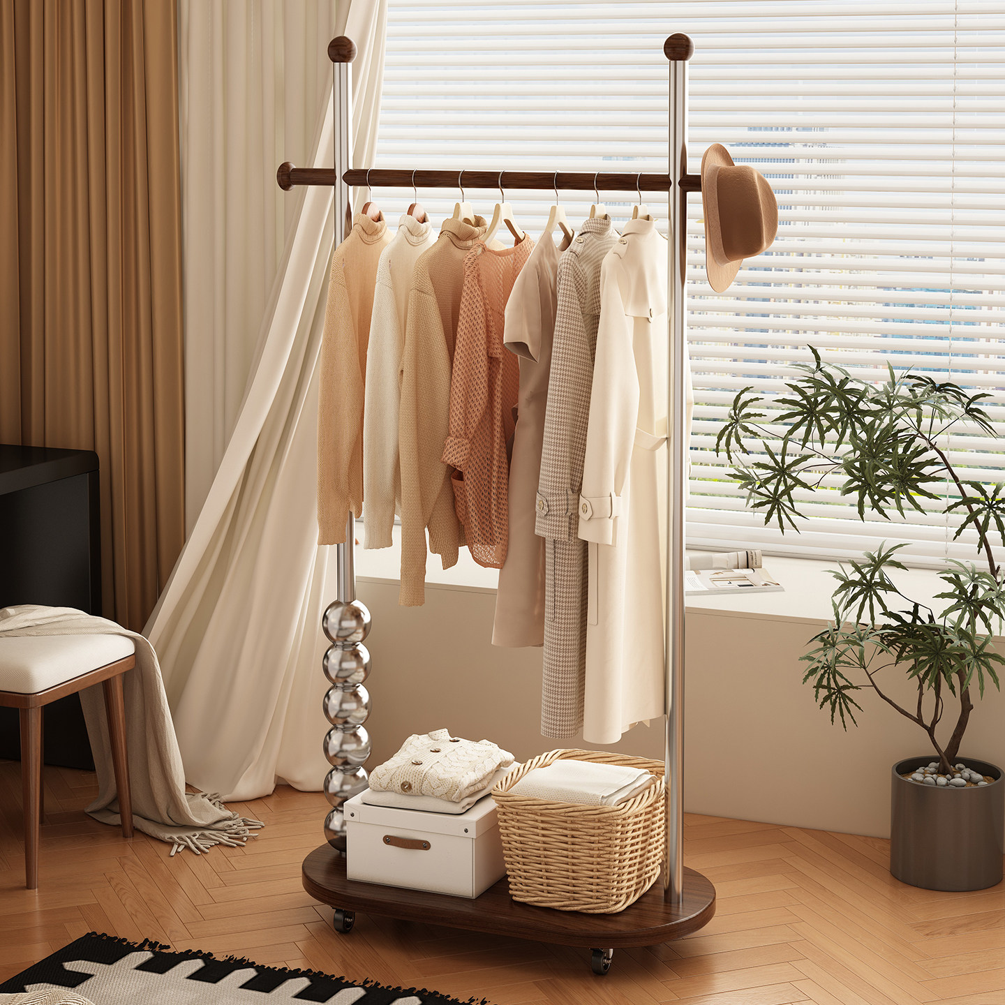 姿竹衣帽架中古风电镀金属衣帽架可移动橡胶木挂衣架卧室落地家用,住宅家具,衣帽架,淘宝优惠券,粉丝福利购,淘宝优惠卷