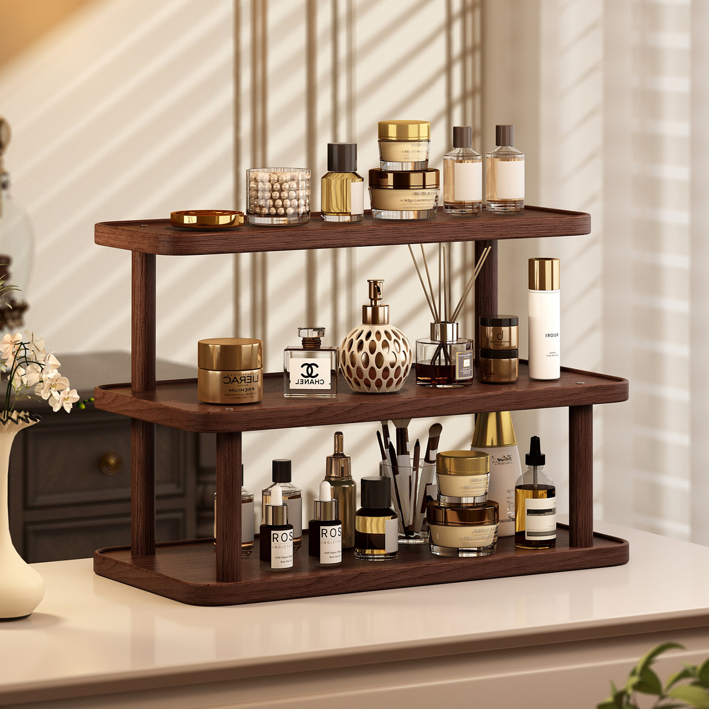 化妆品收纳架实木多层复古卧室梳妆台香水首饰桌面展示架子高级感