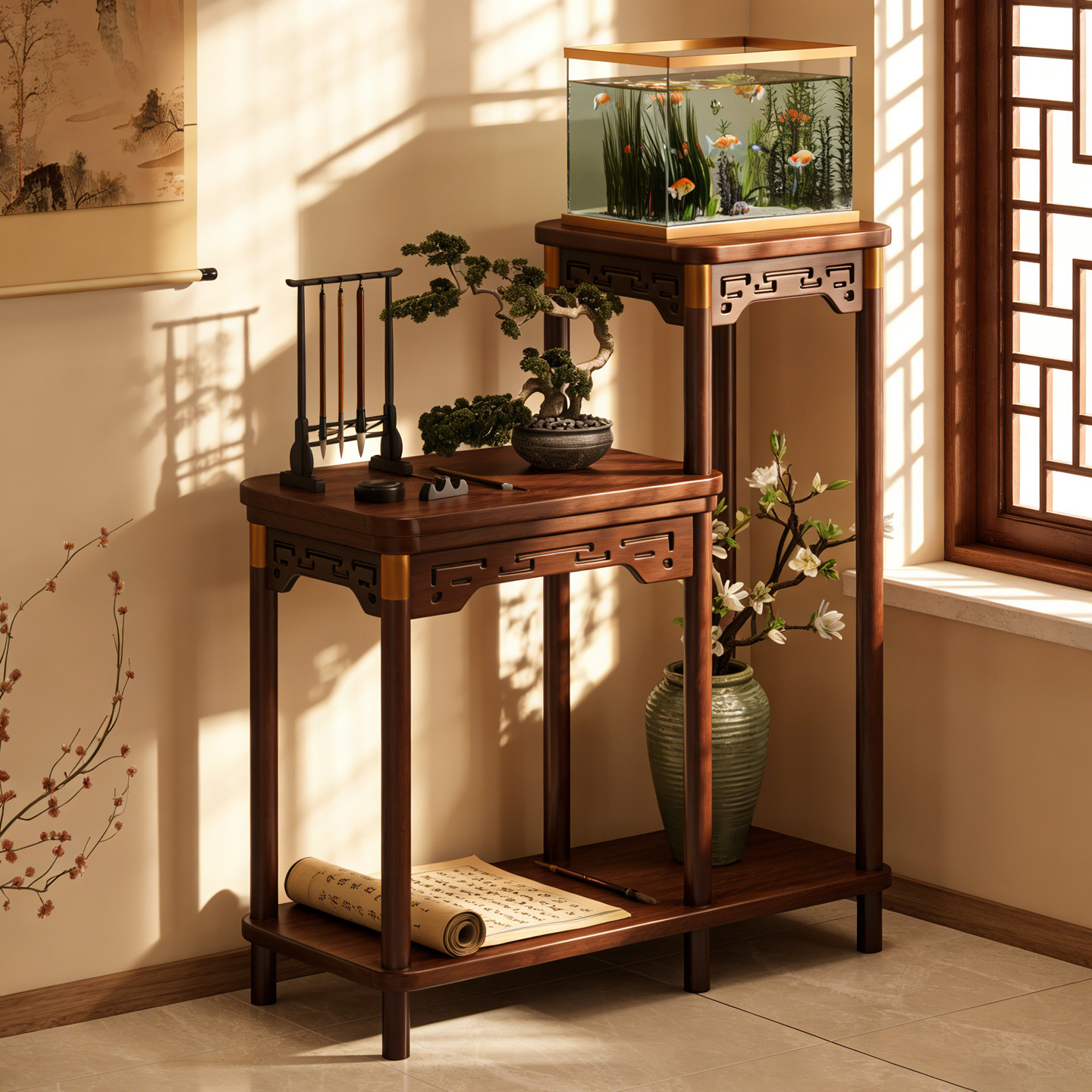中式花架子客厅落地式实木花台茶室摆件展示架多层花盆奇石鱼缸架