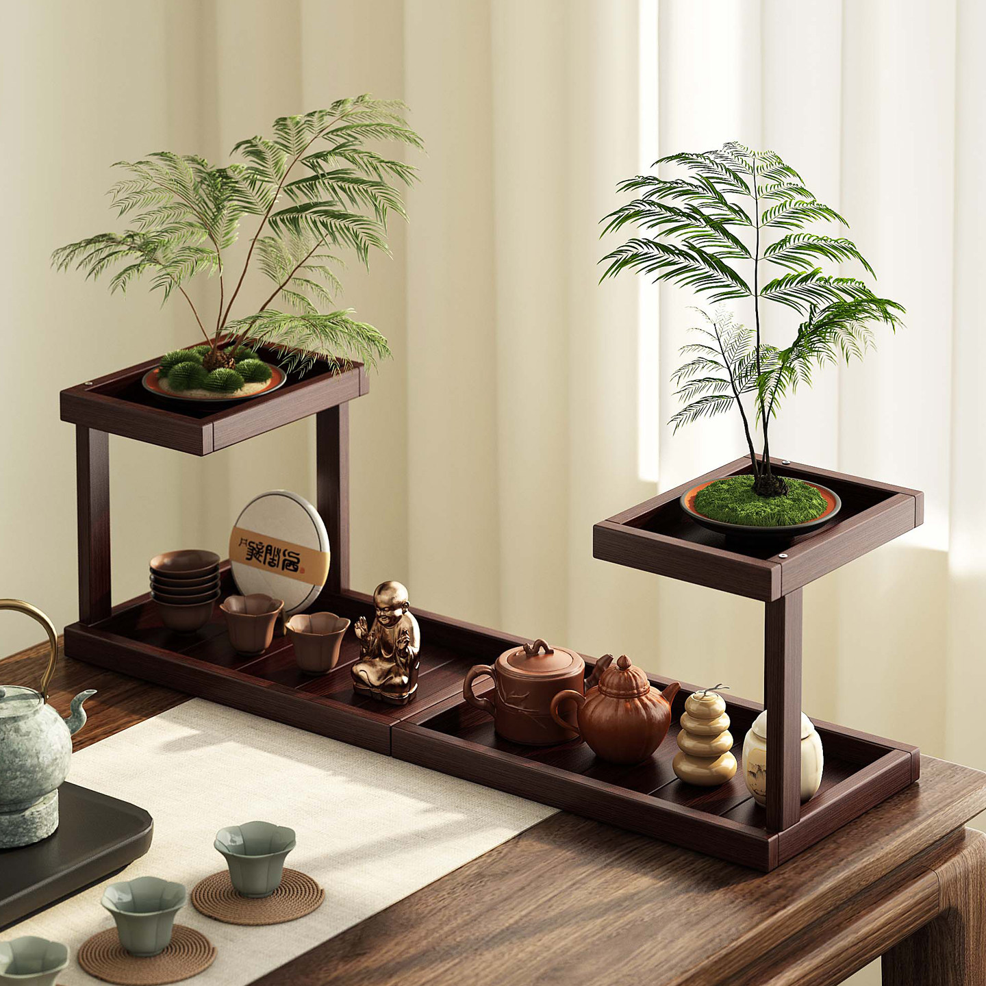 实木桌面博古架新中式茶具茶杯置物架小型紫砂壶文玩摆件展示架子