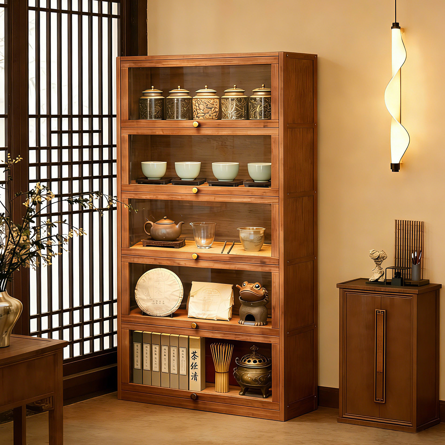 博古架实木新中式茶叶茶杯置物架复古客厅茶柜收纳展示架2026新款