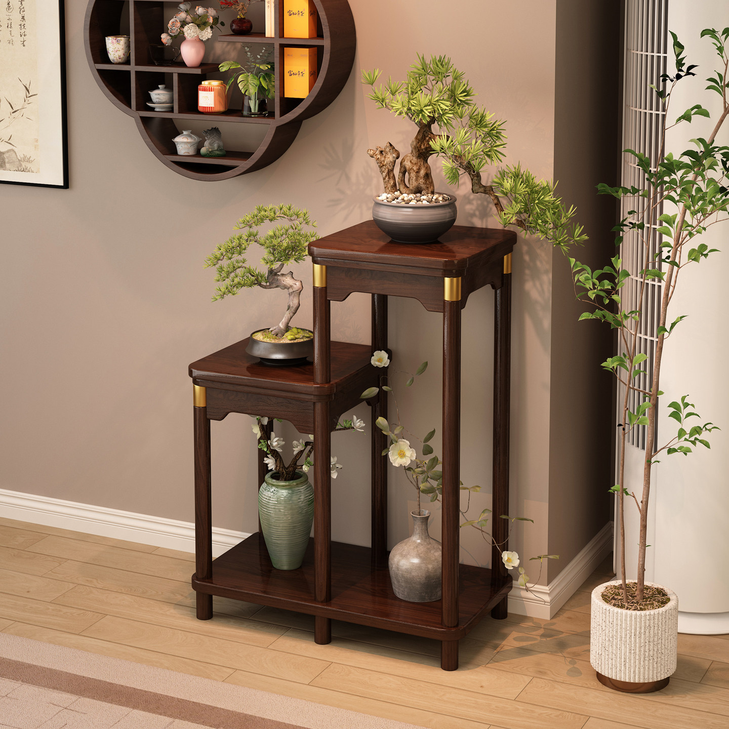 中式花架子客厅落地式阳台置物架多层阶梯式摆放架实木宋徽宗花架