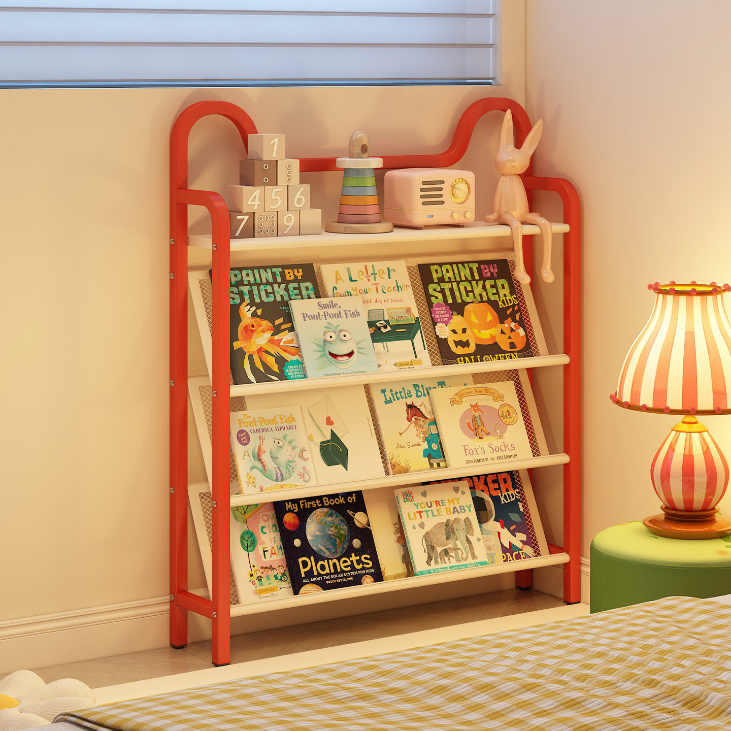 儿童书架落地置物架卧室一体靠墙绘本架床头不占地方钢制收纳书柜