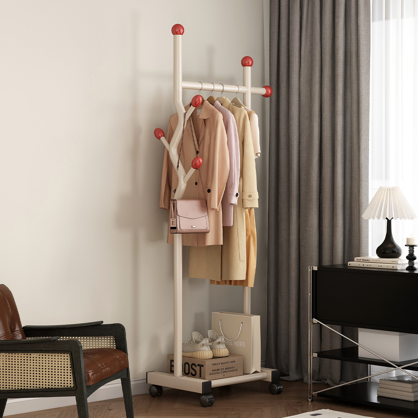 可移动奶油风落地衣帽架