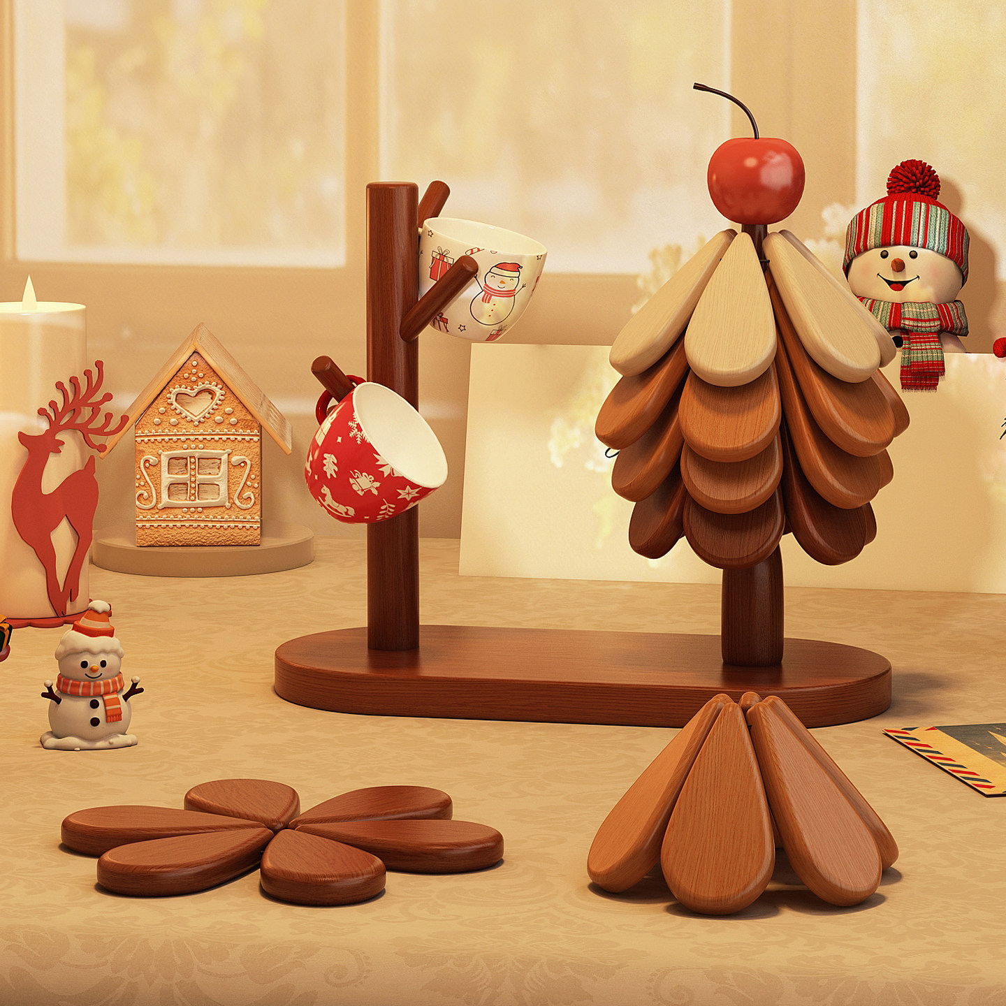 天然实木材质咖啡杯挂架餐垫组合