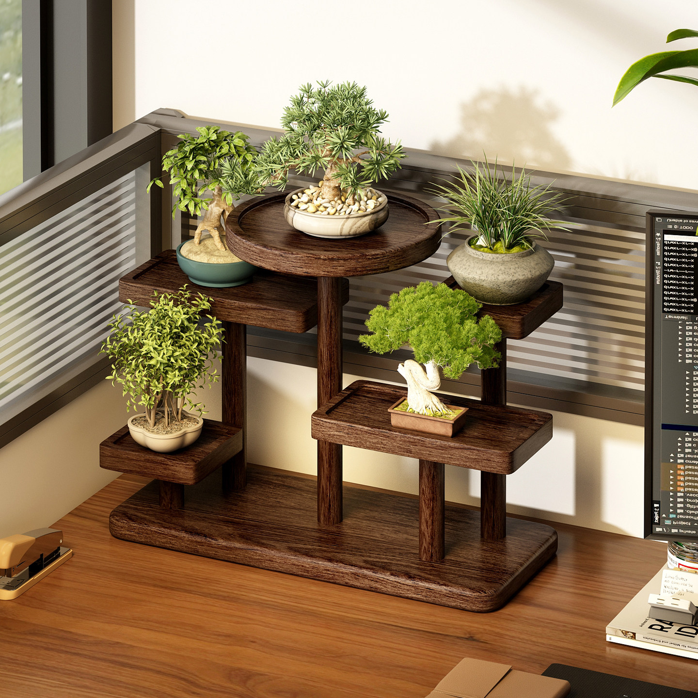 桌面实木花架多层置物架办公桌上阳台飘窗小型多肉绿植花盆摆放架