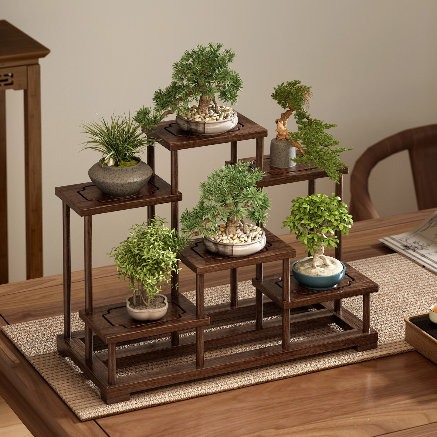 实木桌面博古架花架台面小型摆件中式植物盆栽摆放架多肉展示架子