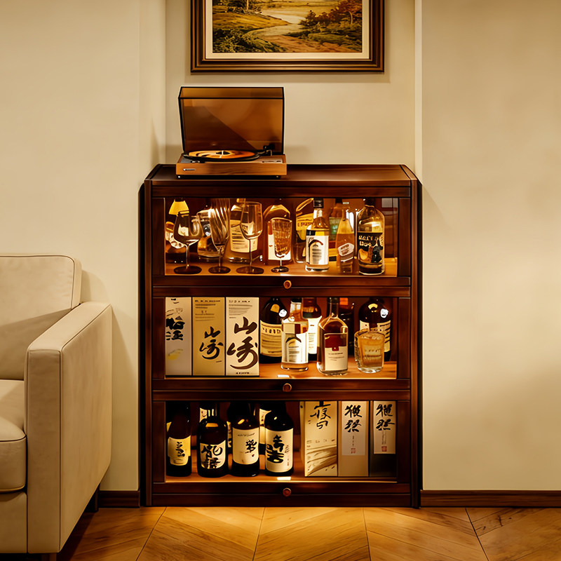 实木酒柜客厅靠墙家用多层洋酒摆放架中古风餐边柜白酒储物展示架