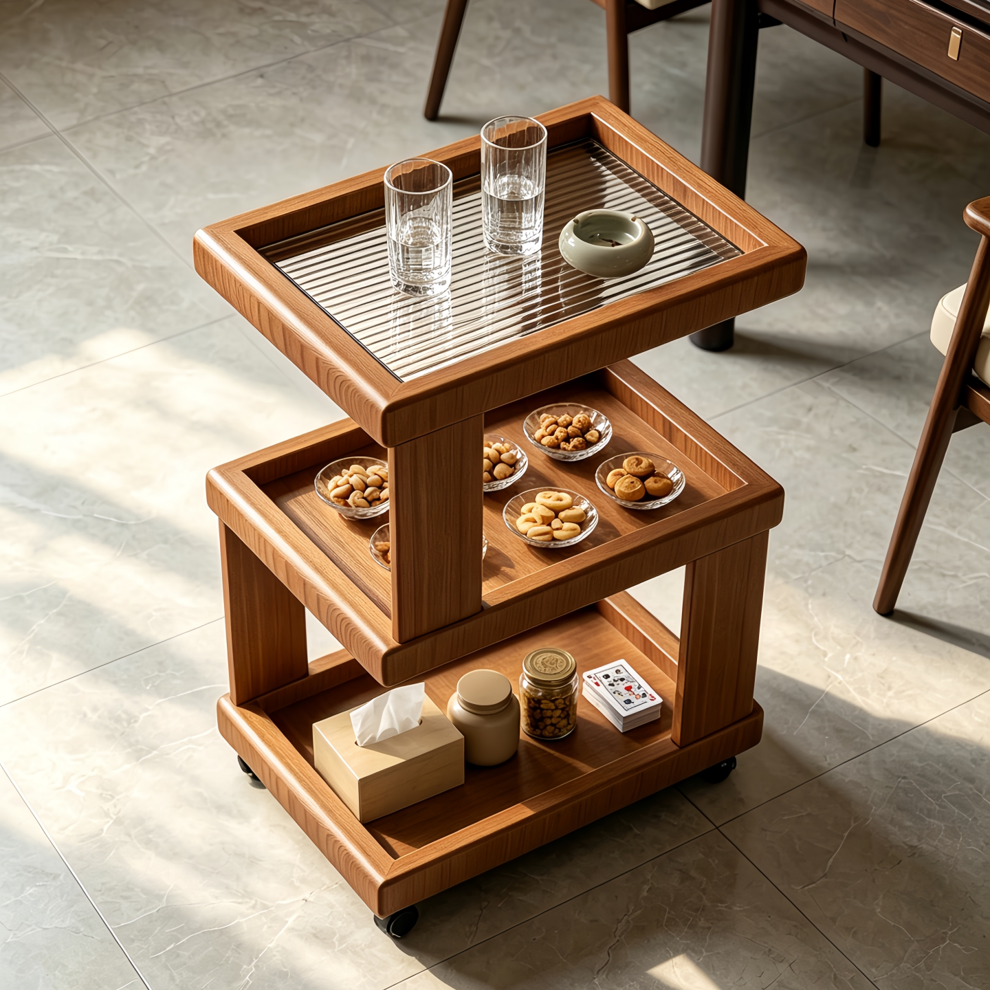 可移动麻将桌茶几茶水架带轮棋牌室专用打牌麻将机实木边几置物架