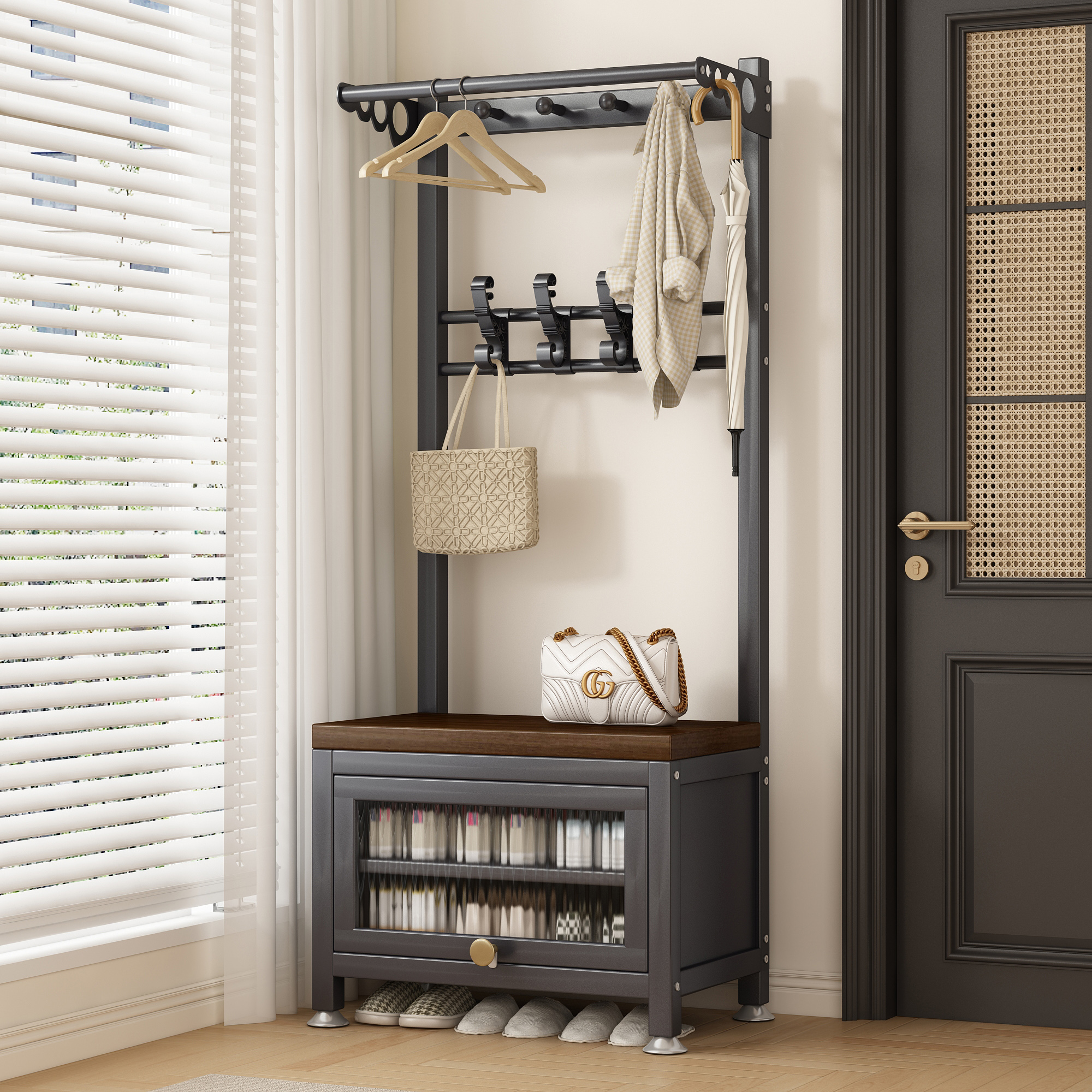衣帽架落地入户挂衣服的架子家用门口玄关换鞋凳挂衣架一体鞋架