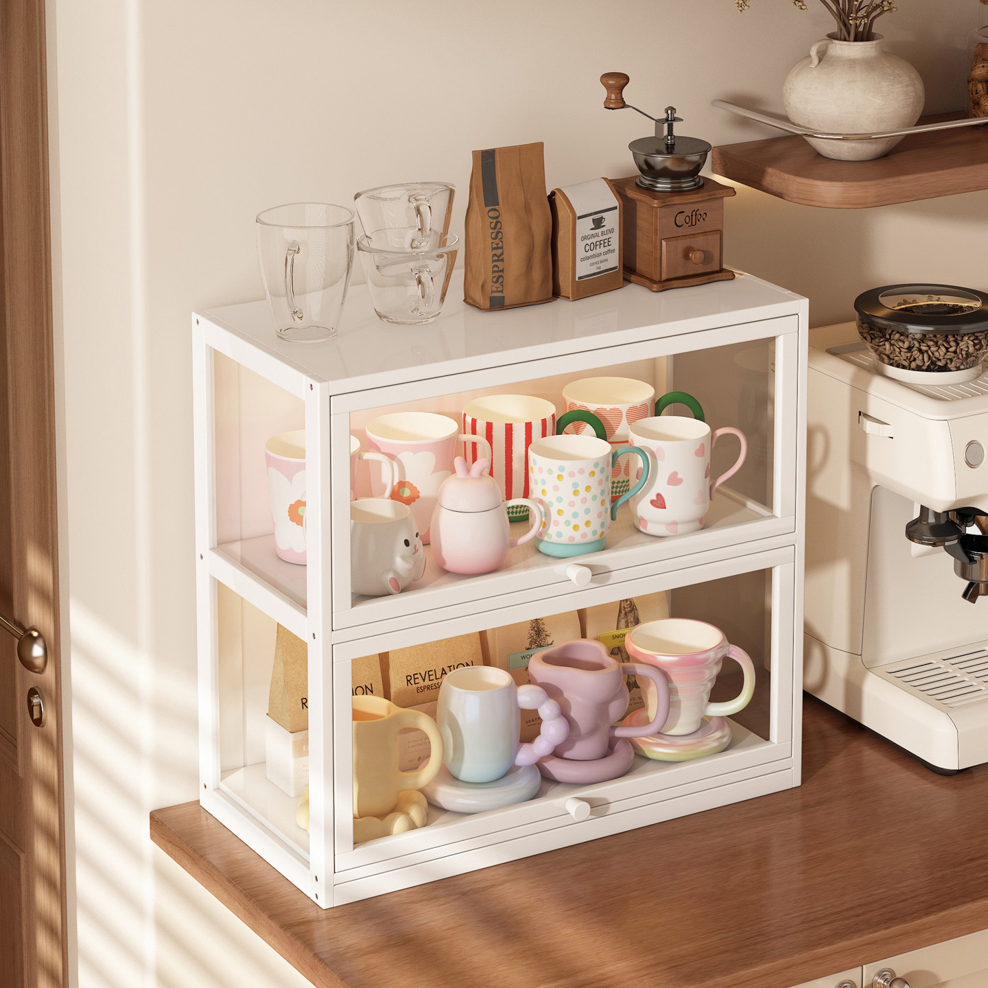 杯架展示柜一体桌面杯子收纳置物架奶油风亚克力透明咖啡杯陈列柜