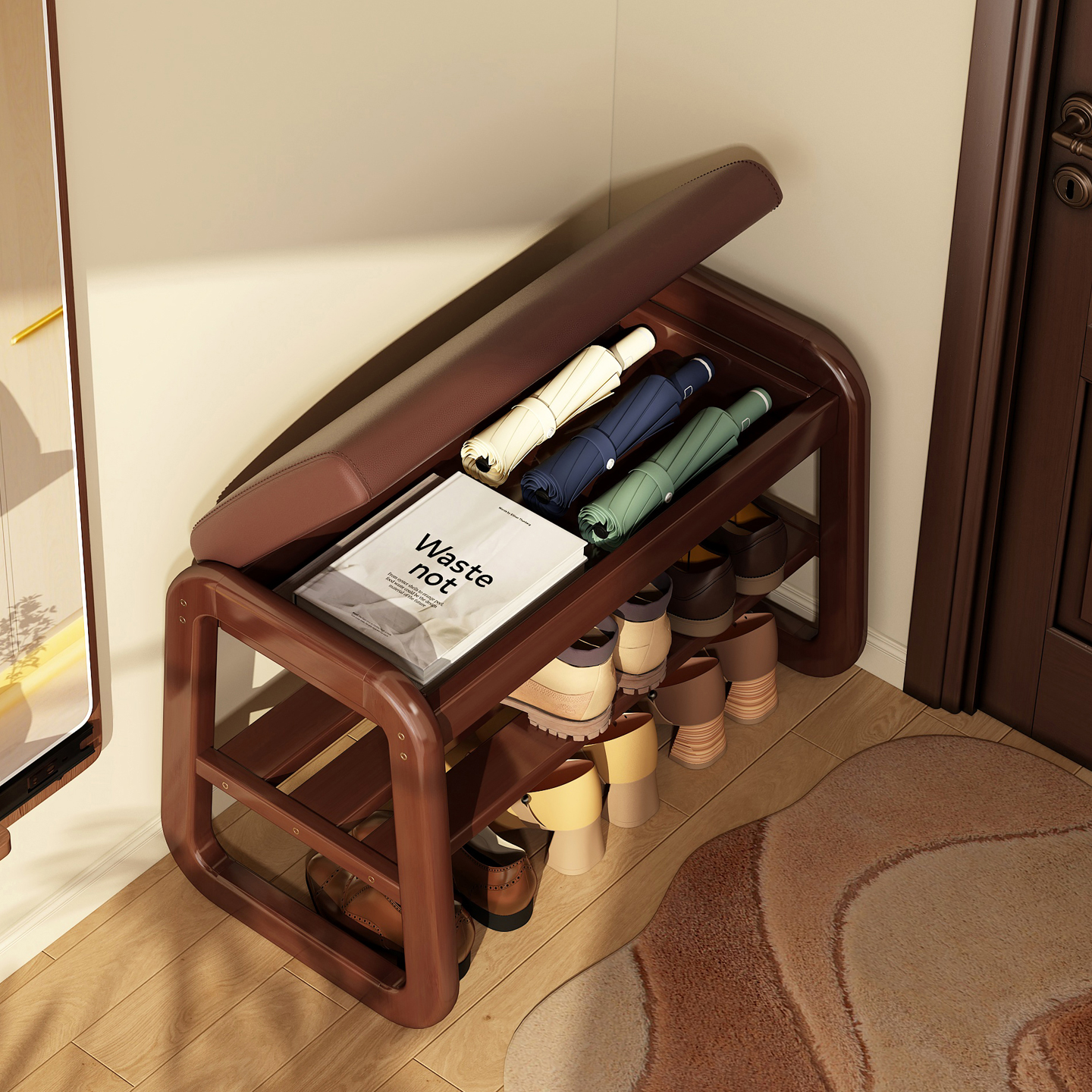 实木储物换鞋凳鞋架，一凳多用