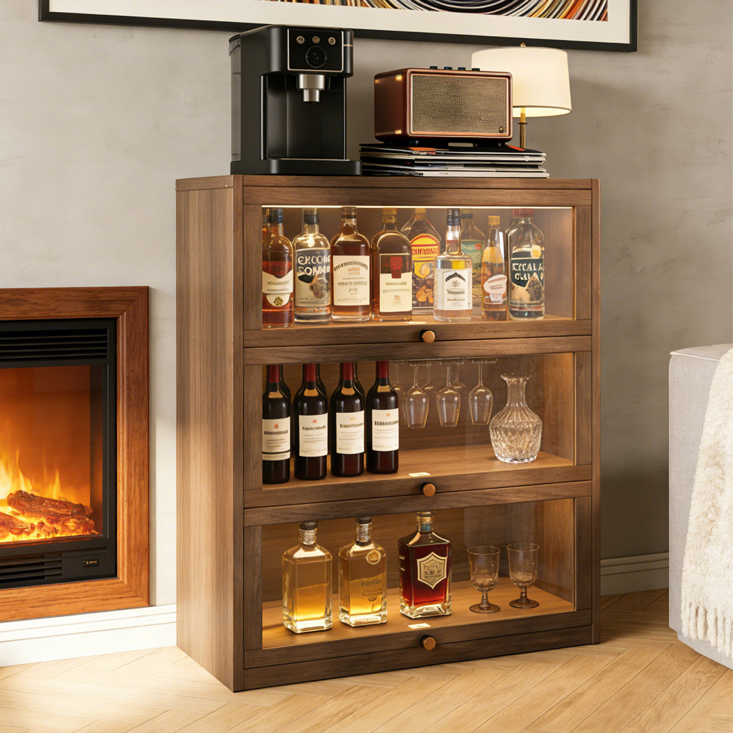 酒柜展示柜实木餐边柜中古风家用客厅靠墙收纳柜红酒葡萄酒置物柜