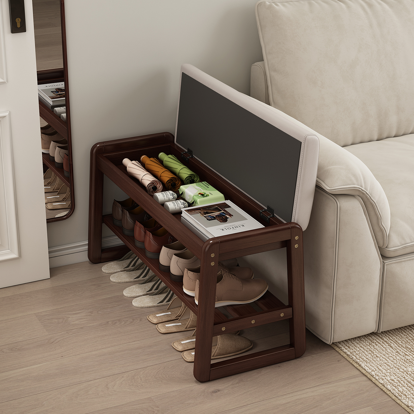 实木储物换鞋凳鞋架，一凳多用