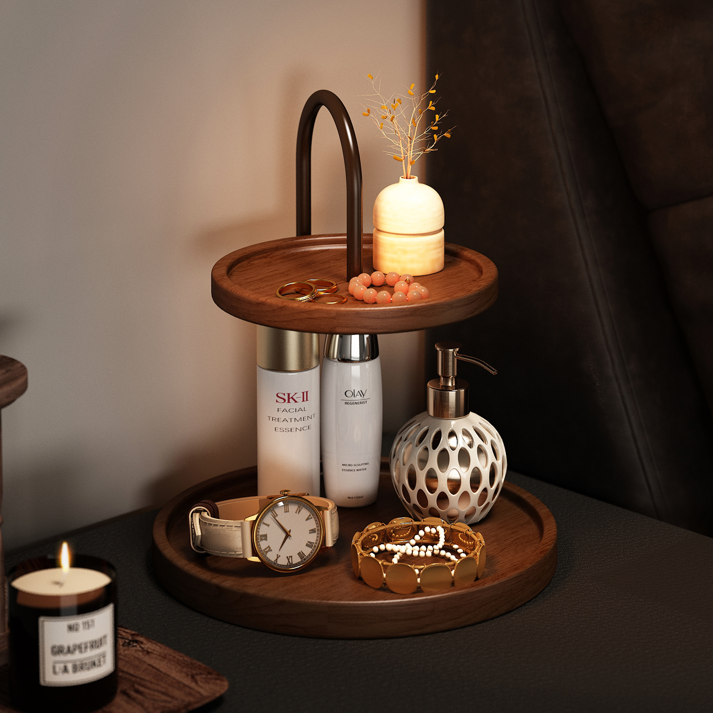 实木化妆品置物架梳妆台护肤品香水架桌面首饰托盘口红收纳展示架