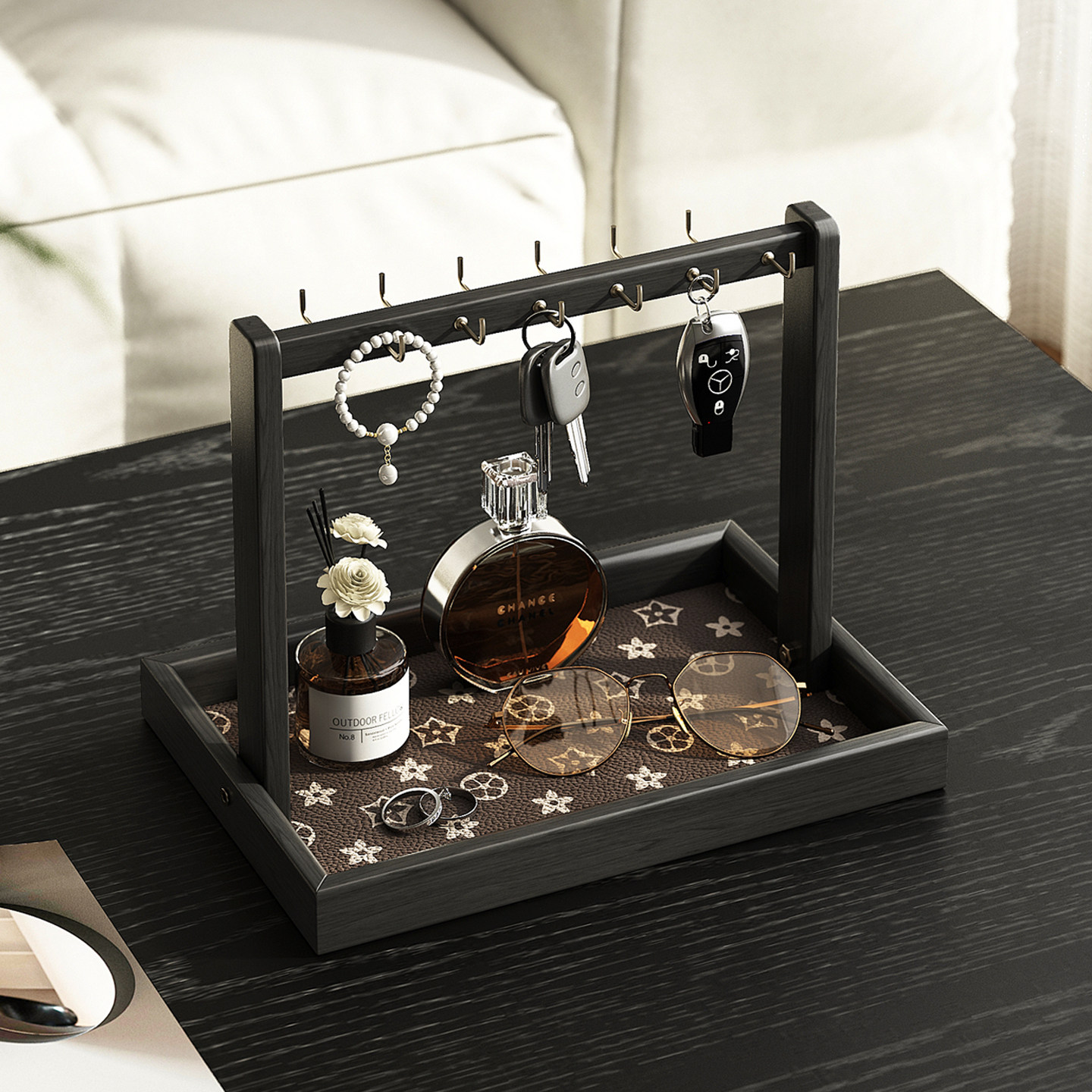 实木钥匙收纳玄关摆件桌面杂物香水化妆品置物架首饰托盘展示挂架
