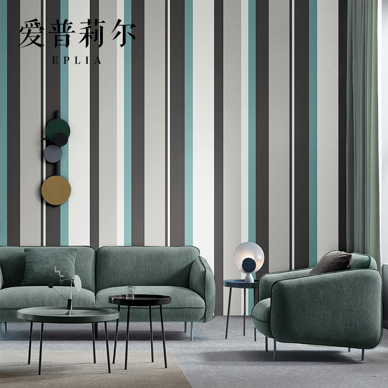 现代简约北欧无纺布蓝色黑白竖条纹墙纸卧室客厅背景墙壁纸高级感
