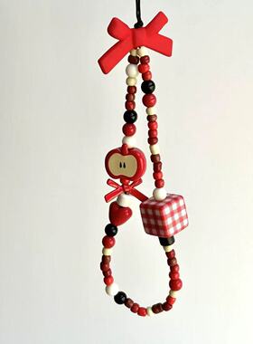 创意苹果红色蝴蝶结手机链挂绳串珠可爱ccd相机钥匙扣挂件挂饰ins