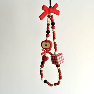 创意苹果红色蝴蝶结手机链挂绳串珠可爱ccd相机钥匙扣挂件挂饰ins