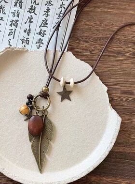 新中式禅意古铜羽毛项链女长款双层叠戴毛衣链波西米亚民族风配饰